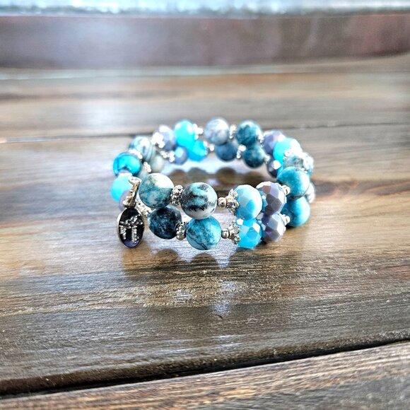 Aqua Gemstone Beaded Bracelet Silver Beach Cruise Memory Wire Designer NWT - Picture 7 of 12